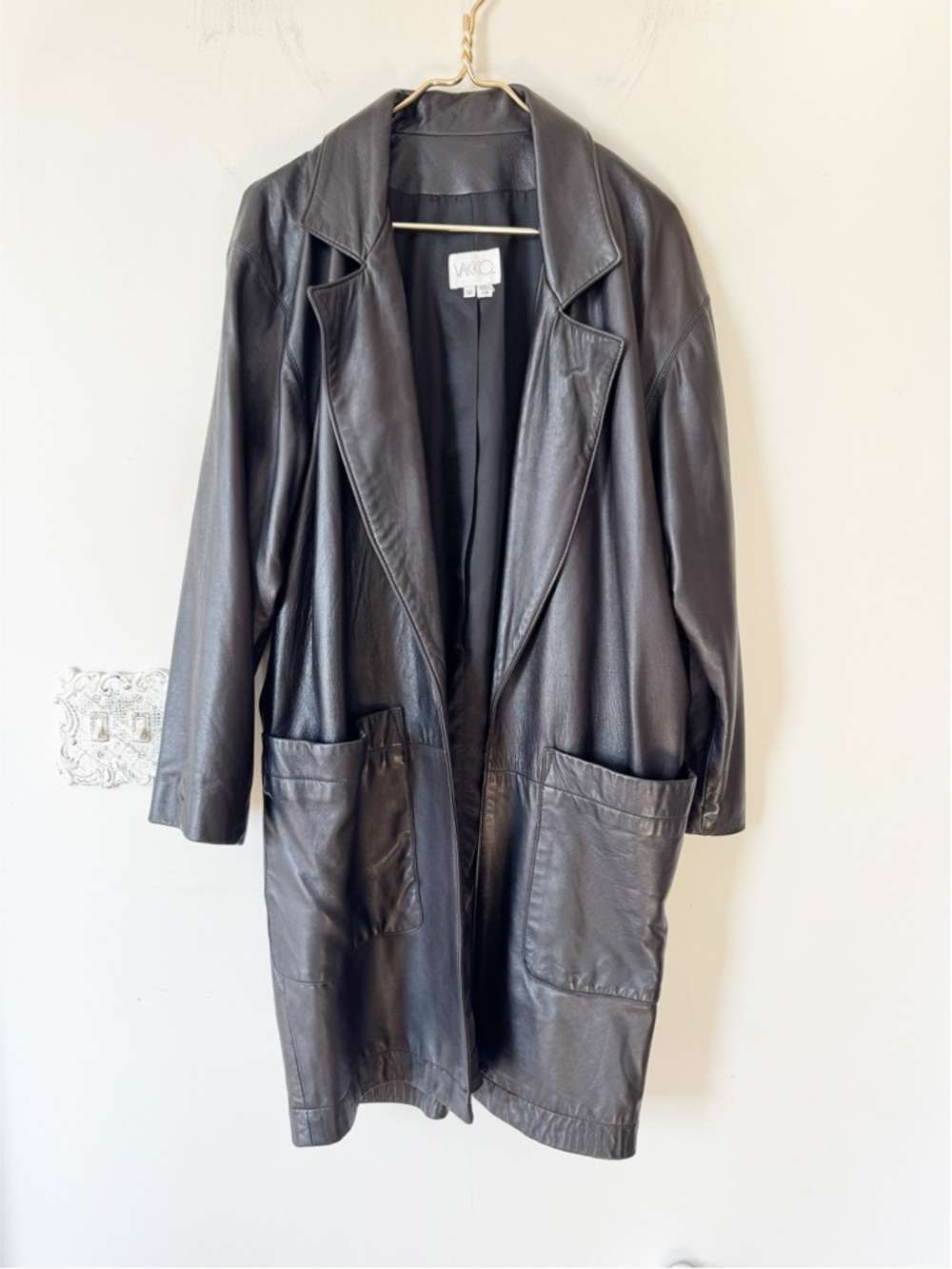 Vintage 90s Vakko Black Leather Long Blazer Trench Coat M